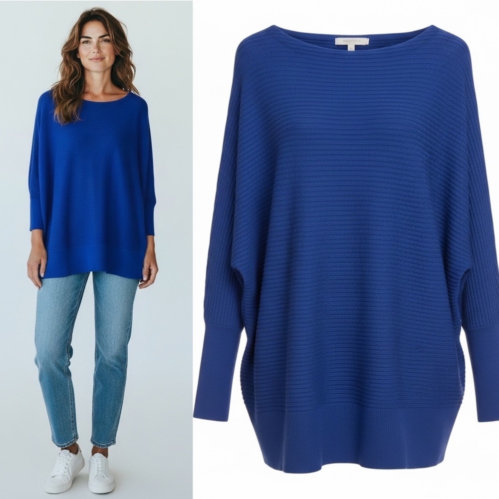 Eileen Fisher Luxe Merino Stretch Pullover Blue Ribbed Dolman Sleeve Top Sm